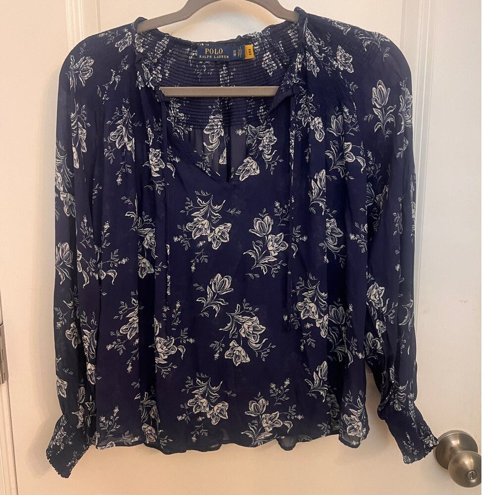 Polo Ralph Lauren Floral Crinkled Tie Neck Blouse XS Blue Sheer Peasant Romantic